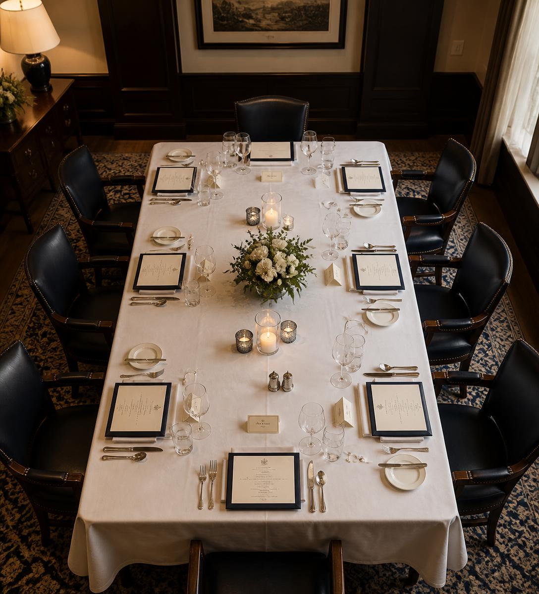 A private dining room set for an investor presentation dinner